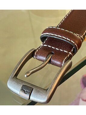 Tommy Bahama Mens Brown Leather Belt 38/95 With Stitched Edges & Antiqued Buckle